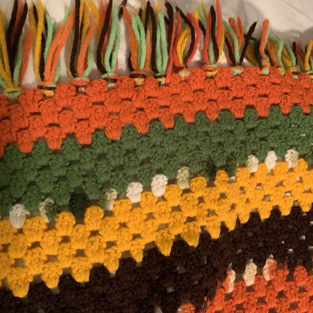 Vintage Handmade Crochet Afghan Blanket Granny Square Fringe 50 X 87‎ Colorful